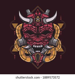 Oni mecha devil head illustration with sacred geometry pattern as the background 