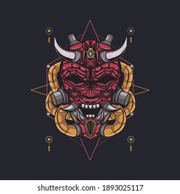 Oni mecha devil head illustration with sacred geometry pattern as the background 
