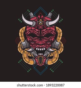 Oni mecha devil head illustration with sacred geometry pattern as the background 