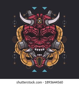 Oni mecha devil head illustration with sacred geometry pattern as the background 