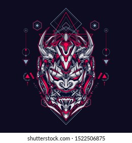 Oni mecha samurai head illustration