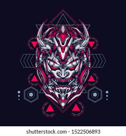 Oni mecha samurai head illustration