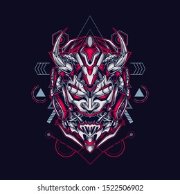 Oni mecha samurai head illustration
