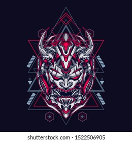 Oni mecha samurai head illustration