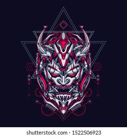 Oni mecha samurai head illustration