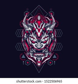 Oni mecha samurai head illustration