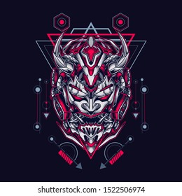 Oni mecha samurai head illustration