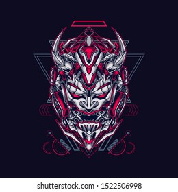 Oni mecha samurai head illustration
