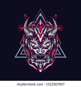 Oni mecha samurai head illustration