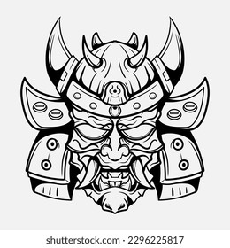Oni Monster Mask Japanase helmet army samurai  in frame engraving ornament illustration black and white tattoo and tshirt apparel