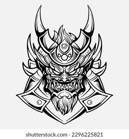 Oni Monster Mask Japanase helmet army samurai  in frame engraving ornament illustration black and white tattoo and tshirt apparel