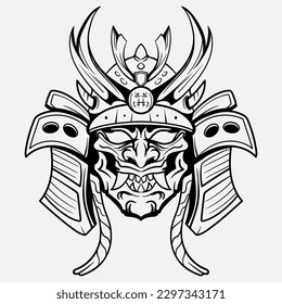 Oni Monster Mask Japanase helmet army samurai  in frame engraving ornament illustration black and white tattoo and tshirt apparel