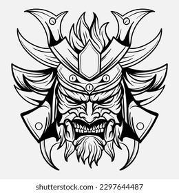 Oni Monster Mask Japanase casco ejército samurai en marco adorno adorno adorno ilustración tatuajes y camisetas en blanco y negro