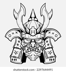 Oni Monster Mask Japanase helmet army samurai  in frame engraving ornament illustration black and white tattoo and tshirt apparel