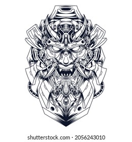 Oni robot illustration with line art drawing style available for you