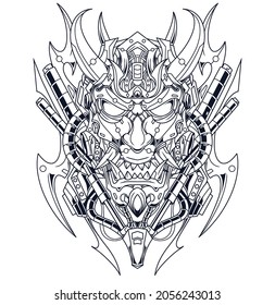 Oni robot illustration with line art drawing style available for you