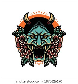 oni and roses tattoo vector design