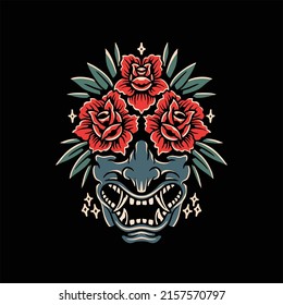 oni and roses tattoo vector design