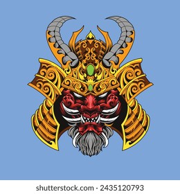 Oni Samurai Japanese Gold Helmet Vector Illustration