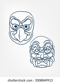 oni samurai mask set vector line art sketch japanese design isolated