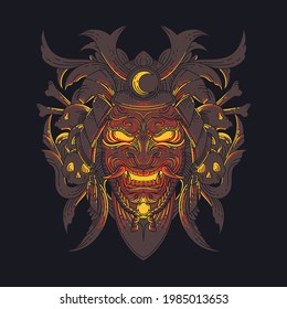 oni samurai mask vector template. illustration of glowing oni samurai mask