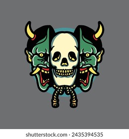 Oni Skull Tattoo Decoration, Sticker, and T-shirt Design