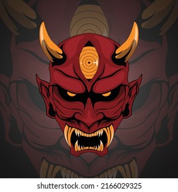 Oni Traditional Japanese Demon Mask With Red Skin,Gold Eyes and Gold Horn Illustration. Mask Designs for T-shirts, Tattoos, Stickers, Gaming Logos or Posters