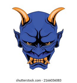 Oni Traditional Japanese Demon Mask With Blue Skin, Gold Eyes and Golden Horns Illustration. Mask Designs for T-shirts, Tattoos, Stickers, Gaming Logos or Posters