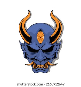 
Oni Traditional Japanese Demon Mask With Blue Skin,Gold Eyes and Gold Horn Illustration. Mask Designs for T-shirts, Tattoos, Stickers, Gaming Logos or Posters