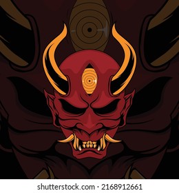 Oni Traditional Japanese Demon Mask With Red Skin,Gold Eyes and Gold Horn Illustration. Mask Designs for T-shirts, Tattoos, Stickers, Gaming Logos or Posters