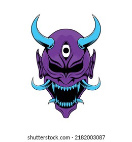 Oni Traditional Japanese Demon Mask With Purple Skin,Demon Eye And Long Horn Illustration. Mask Designs For T-shirts, Tattoos, Stickers, Gaming Logos Or Posters