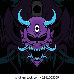 Oni Traditional Japanese Demon Mask with Purple Skin,Demon Eye and Long Horn Illustration. Mask Designs for T-shirts, Tattoos, Stickers, Gaming Logos or Posters