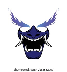 Oni Traditional Japanese Demon Mask with Fire in Eyes Illustration. Mask Designs for T-shirts, Tattoos, Stickers, Gaming Logos or Posters
