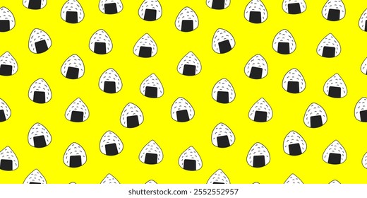 Onigiri background. Onigiri seamless pattern on yellow. Japanese rice ball wrapped with seaweed. Vector illustration