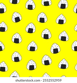 Onigiri background. Yellow onigiri seamless pattern. Japanese rice ball wrapped with seaweed. Vector illustration