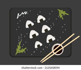 onigiri are beautifully laid out with sauce top view on a black background. vector illustration of japanese food