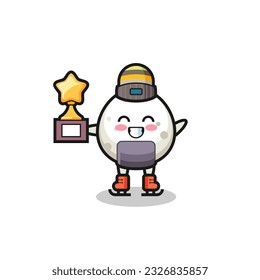 onigiri cartoon as an ice skating player hold winner trophy , cute style design for t shirt, sticker, logo element