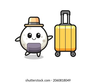 onigiri cartoon illustration with luggage on vacation , cute style design for t shirt, sticker, logo element