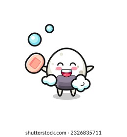 onigiri character is bathing while holding soap , cute style design for t shirt, sticker, logo element