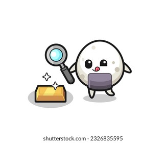 onigiri character is checking the authenticity of the gold bullion , cute style design for t shirt, sticker, logo element