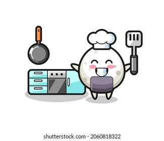 onigiri character illustration as a chef is cooking , cute style design for t shirt, sticker, logo element