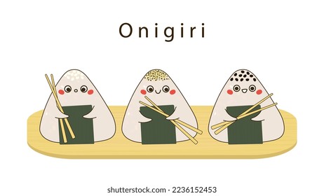 Caracteres de Onigiri con palillos en la ilustración del vector de manos. Tres tradicionales bolas de arroz japonesas con diferentes emociones y especias envueltas en nori. Estilo de caricatura plano