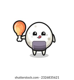 onigiri cute mascot is eating a fried chicken , cute style design for t shirt, sticker, logo element