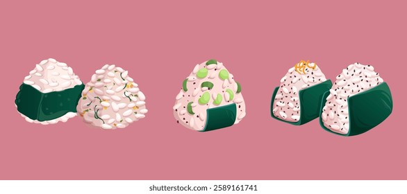 Onigiri with different flavors and fillings wrapped in nori. Traditional Japanese food. Vector Illustration