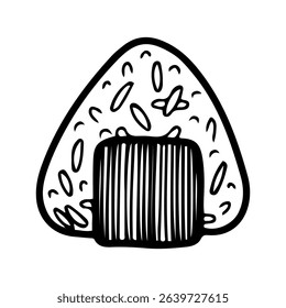 Onigiri. Hand drawn doodle vector. Traditional Asian food triangle-shaped rice wrapped in nori with seafood, mushrooms, eggs filling. Restaurant menu. Illustration line art element.