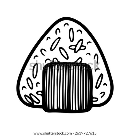 Onigiri. Hand drawn doodle vector. Traditional Asian food triangle-shaped rice wrapped in nori with seafood, mushrooms, eggs filling. Restaurant menu. Illustration line art element.