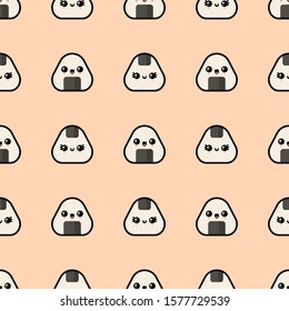 Onigiri with happy faces. Cute kawaii food. Japanese cartoon manga style. Funny anime characters. Trendy vector illustration. Seamless pattern. Flat design. Peach background