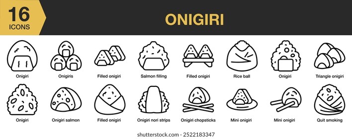 Onigiri icon set. Includes mini onigiri, rice ball, salmon, nori, chopsticks, and More. Outline icons vector collection.