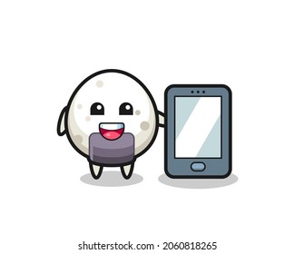 onigiri illustration cartoon holding a smartphone , cute style design for t shirt, sticker, logo element