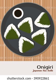 Onigiri illustration. Rice balls wrapped in Perilla leaves. Japanese cuisine. Lunch. Triangle rice balls in Shiso leaves. Asian snack plate on the japanese bamboo mat. Soy sauce.